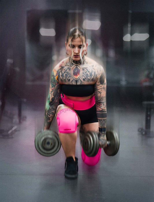 woman doing lunges wearing uppper knee sleeves