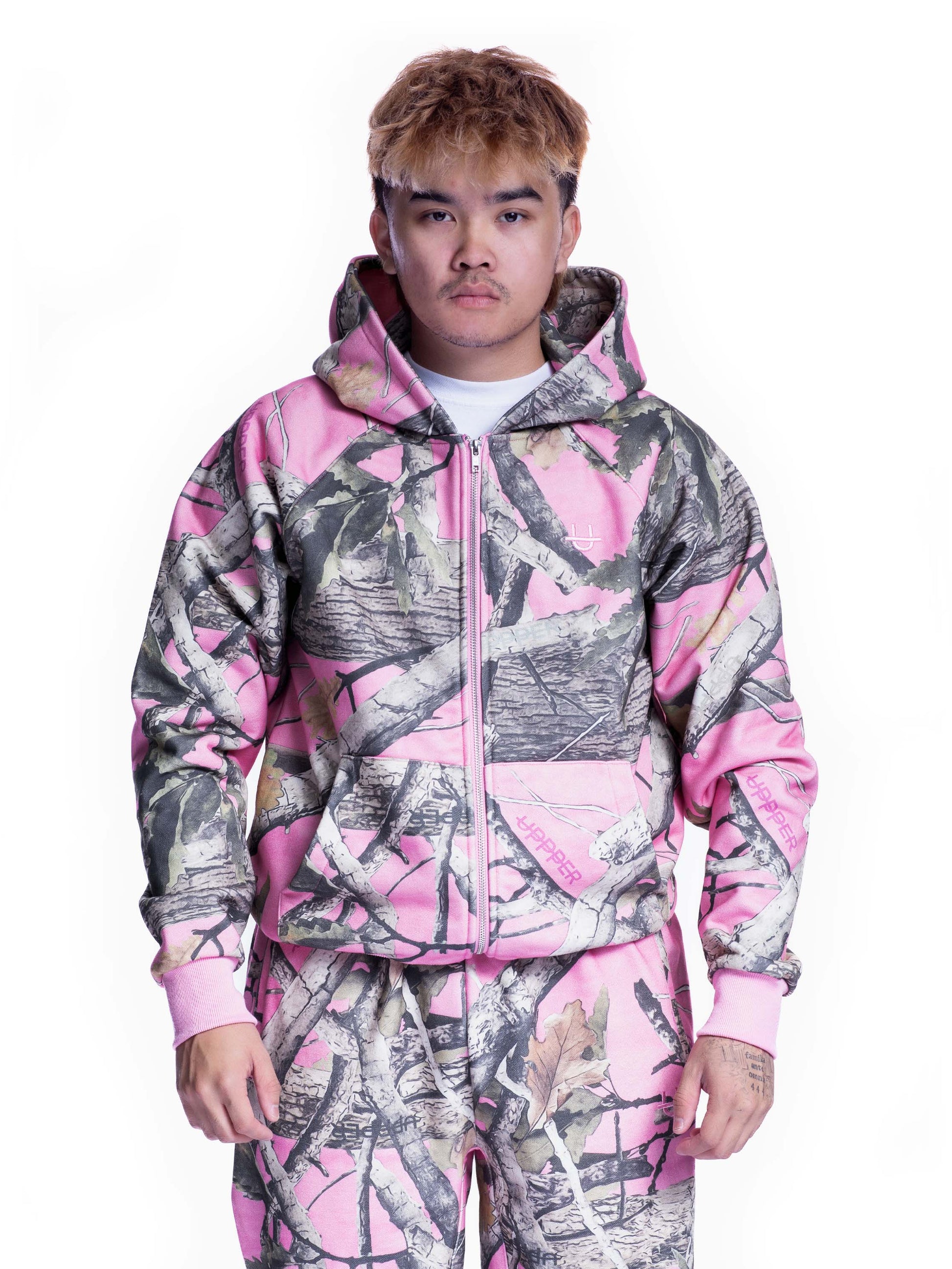 UPPPER Double Zip Hoodie Pink Camo Premium Fitness Gear